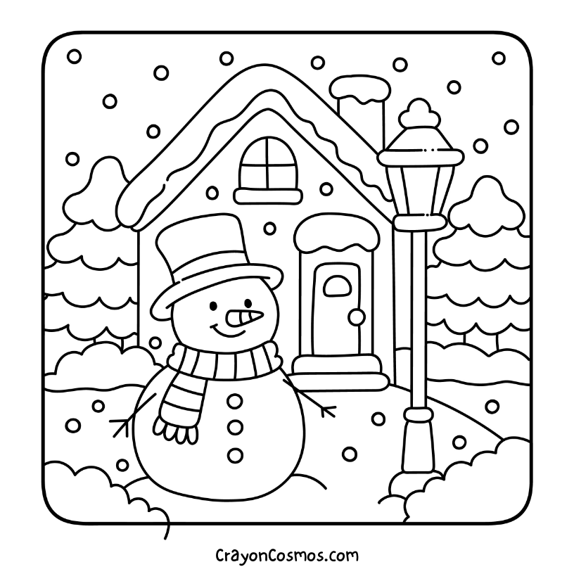 32.Snowman-outside-house-with-lamp